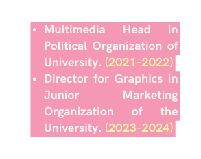 Multimedia Head in Political Organization of University 2021 2022 Director for Graphics in Junior Marketing Organization of the University 2023 2024